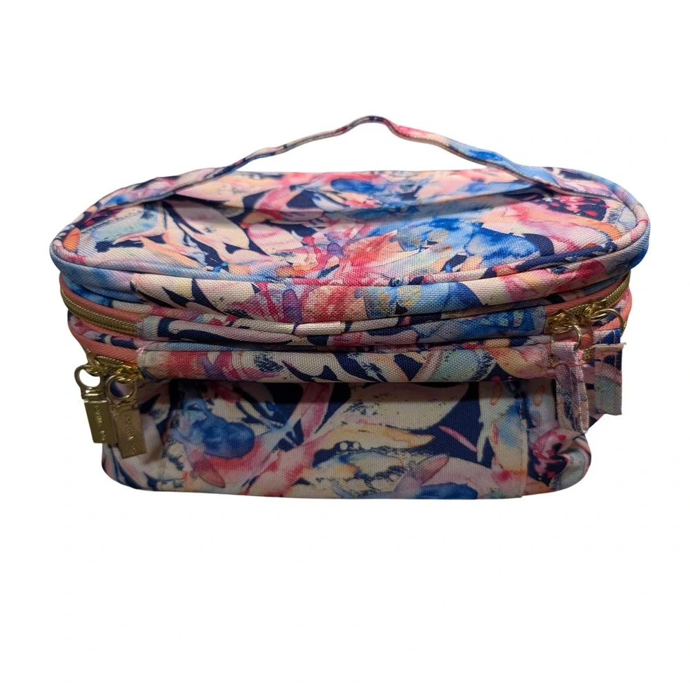 Sophia Joy Floral Makeup Bag Travel Cosmetic Case Multicolor Gold Zip Organizer
